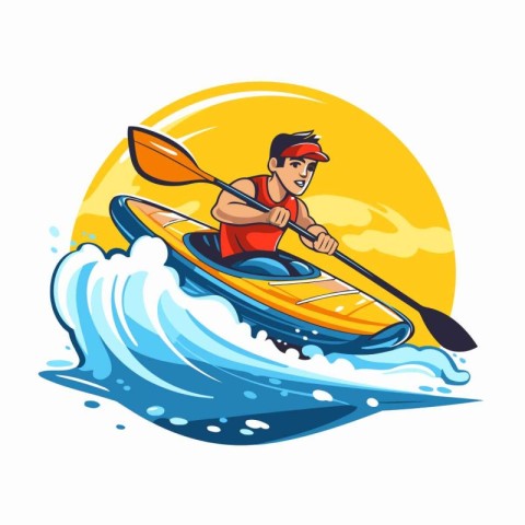 Man in a kayak on the background of the sea. Vector illustration