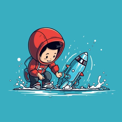 Little boy playing with a rocket in the water. Vector illustrati