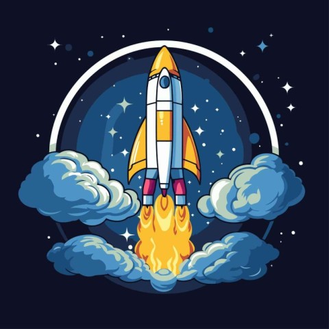 Rocket in the sky. Vector illustration in cartoon style on a dar