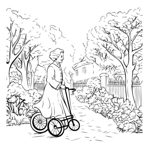 Young woman riding a bicycle in the park. Black and white vector