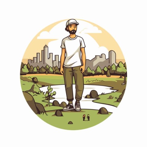 Hipster man with beard and mustache in the park. Vector illustra