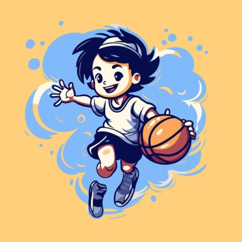 Little girl playing basketball. Vector illustration of a girl pl