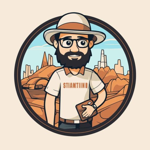 Hipster traveler with hat and glasses. Vector illustration in re