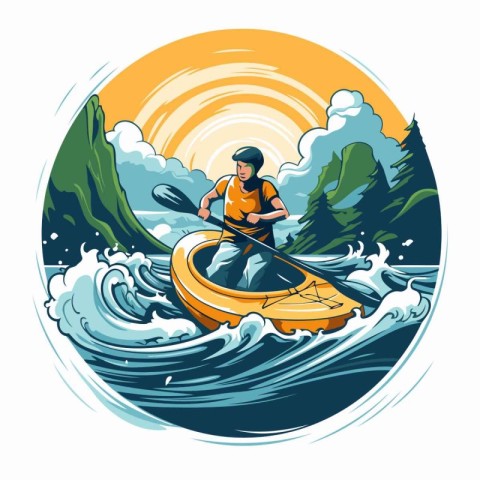 Man paddling on a kayak in the mountains. Vector illustration.