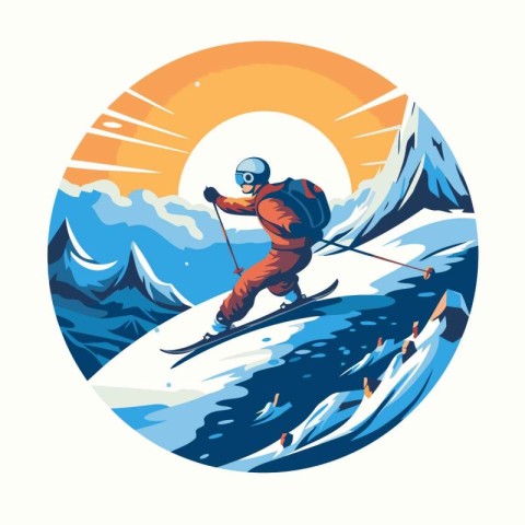 Skiing in the mountains. Vector illustration in retro style.