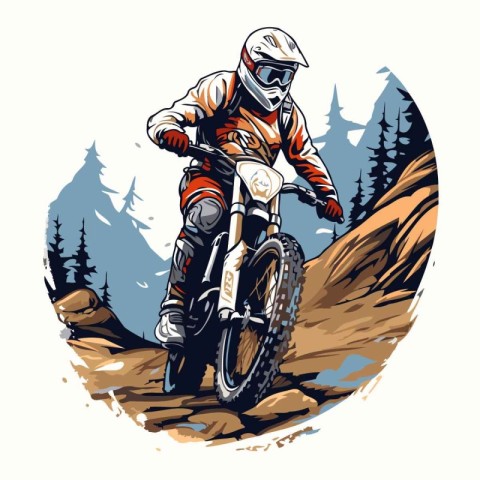 Motocross rider on a mountain road. Vector illustration in retro