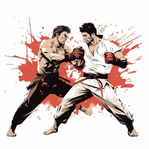 Two karate fighters fighting. Vector illustration. Grunge style.