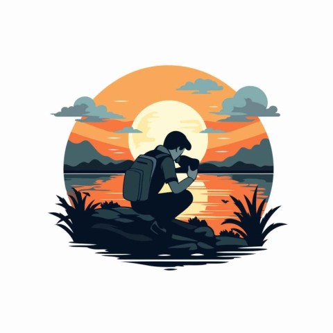 Traveler sitting on the rock and looking at the sunset. Vector i