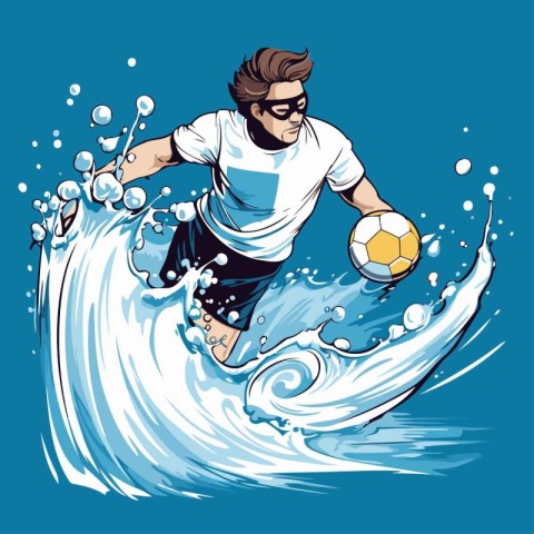 Vector illustration of a young man surfing on a wave with a ball