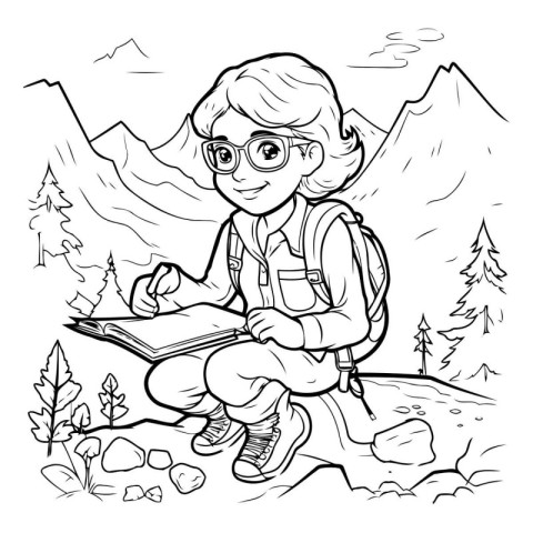 Black and White Cartoon Illustration of a Girl Hiking or Camping