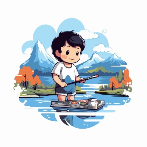 Boy playing on a boat in the lake. vector cartoon illustration.