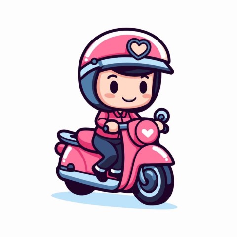 Cute little girl riding a motorbike. Vector cartoon illustration