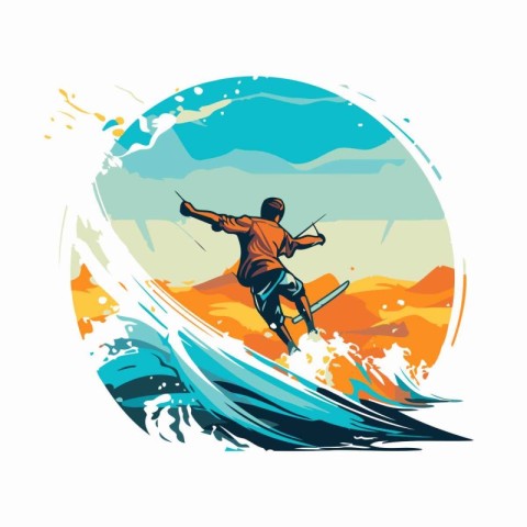 Surfer on the background of the waves. Vector illustration in a