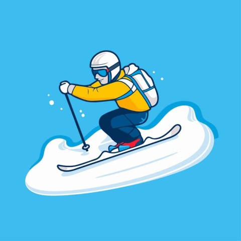 Skier skiing on snowboard. Vector illustration in flat style.