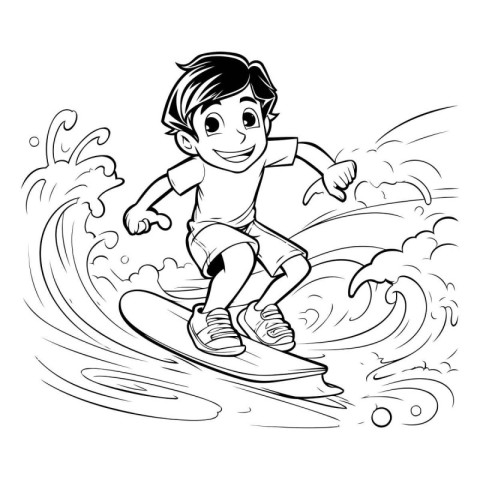 Boy riding a surfboard on a wave. Vector illustration of a boy r