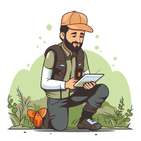 Vector illustration of a hiker with a tablet in his hands.