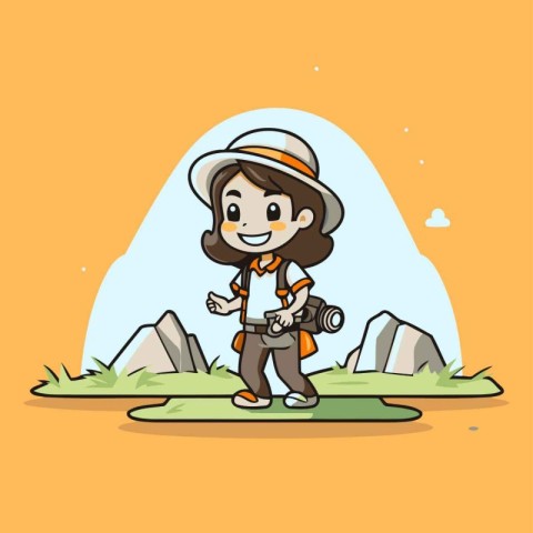 Cute Girl Traveler with Camera - Vector Cartoon Character Illust