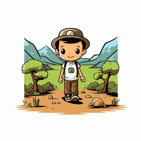 Cute cartoon explorer boy in the forest. Vector illustration on