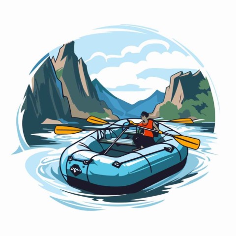 Rafting in the mountains. Vector illustration in cartoon style.