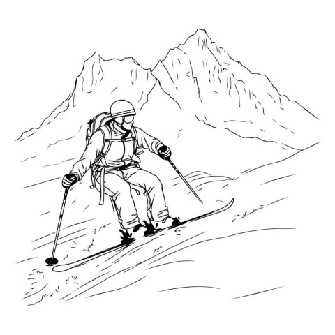 Skiing in the mountains. sketch vector graphics monochrome illus