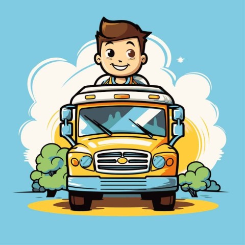 Cute cartoon schoolboy driving a school bus. Vector illustration