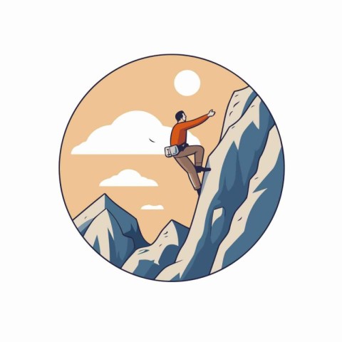 Man climbing on a cliff. Vector illustration in a flat style.