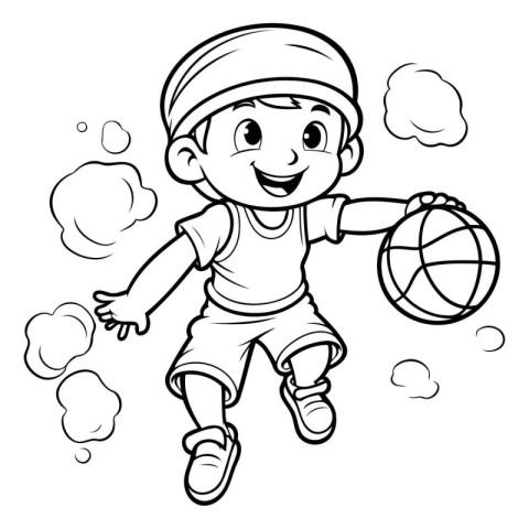 Boy playing basketball - Coloring book for adults. Vector illust