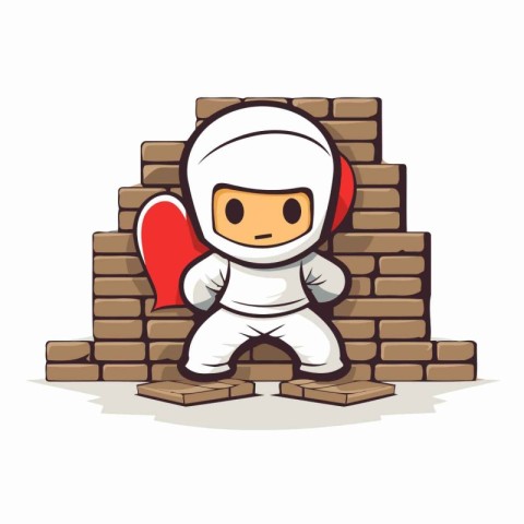 Cute astronaut sitting on the brick wall. Vector illustration is