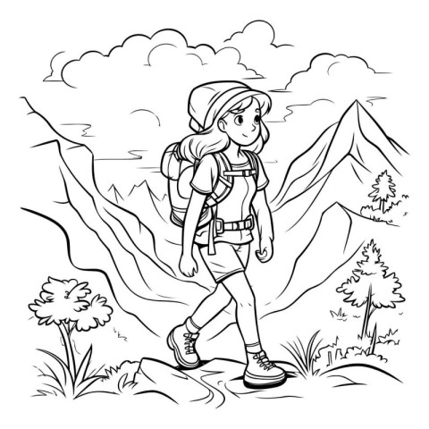 Outline of a woman hiker in the mountains. Vector illustration.