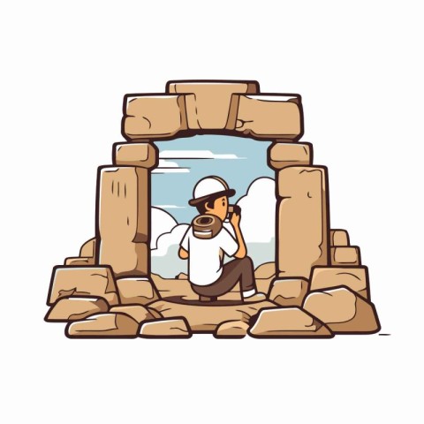 Tourist man with binoculars in the stone arch. Vector illustrati