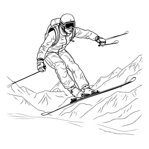 Skier skiing downhill in mountains. sketch vector graphics monoc