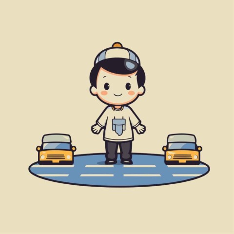 Cute cartoon boy taxi driver on the road. Vector illustration.