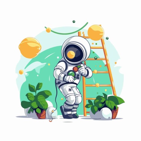 Astronaut with ladder and plants. Vector flat cartoon illustrati