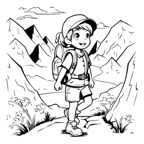 Boy with backpack hiking in mountains. Vector illustration for c