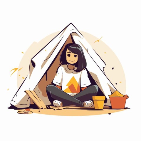 Girl sitting in a tent. Vector illustration in a flat style.