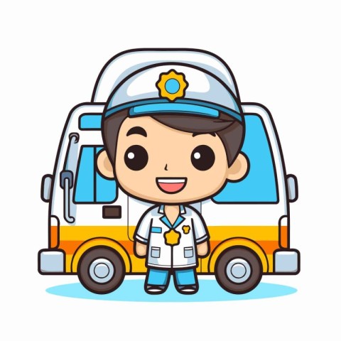 Cute boy in police uniform driving ambulance car. Vector illustr