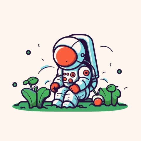 Astronaut on the background of green plants. Vector illustration