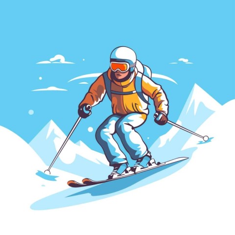 Skier skiing in mountains. Vector illustration of skier skiing d