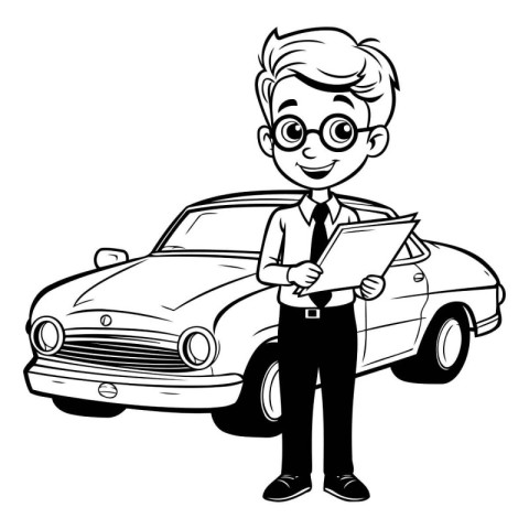 Businessman with car. Vector illustration in black and white col