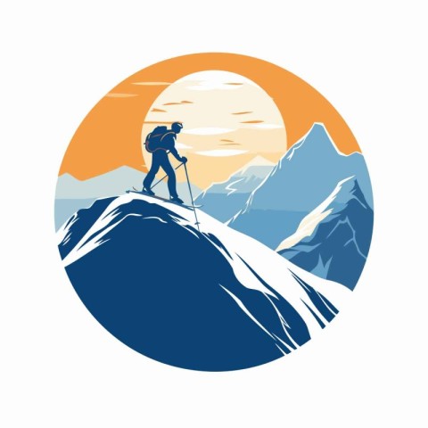 Hiker on the top of the mountain. Vector illustration of a climb