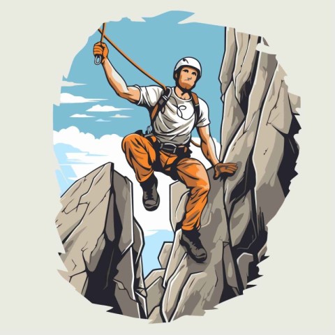 Mountaineer climbing on a rock. Vector illustration in retro sty