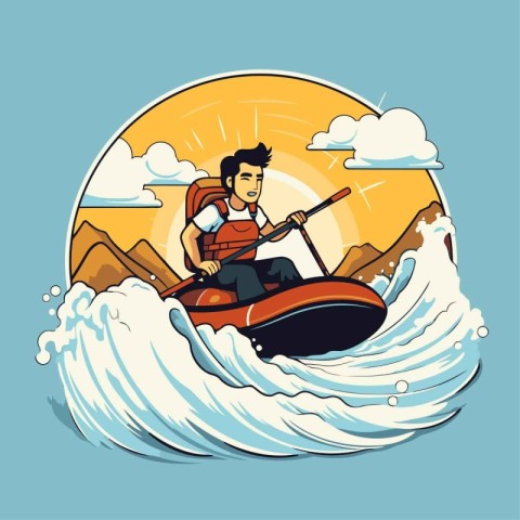 Man on a jet ski in the sea. Vector illustration of a man riding