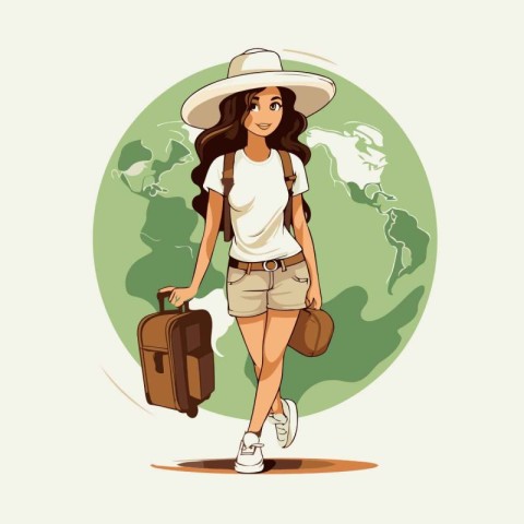 Vector illustration of a girl with a suitcase on the background