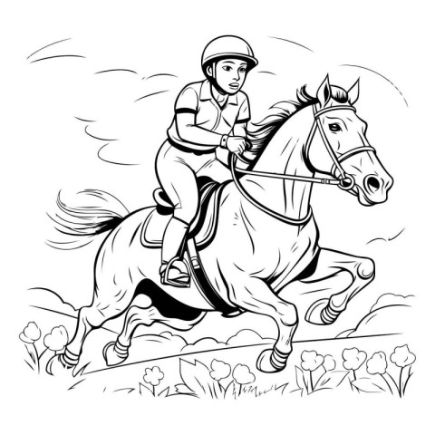 Jockey riding a horse - black and white vector illustration for