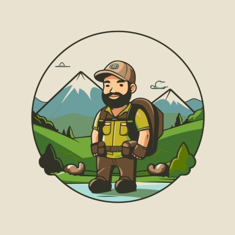 Hiker in the mountains. Vector illustration in a flat style.