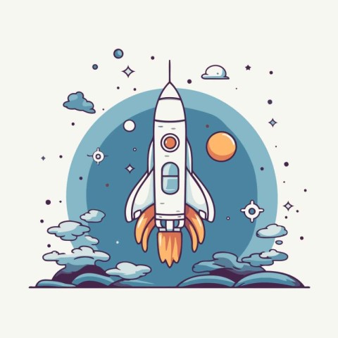 Space rocket flying in outer space. Vector illustration in flat