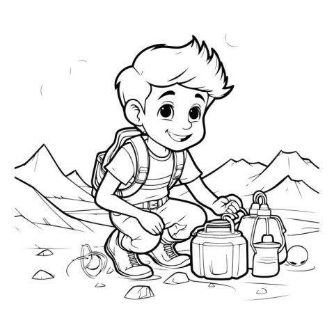 Hiker boy with a backpack and a bottle of water. Vector illustra