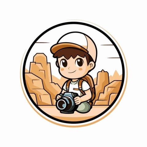 cute boy with camera in the sandstone desert. vector illustratio