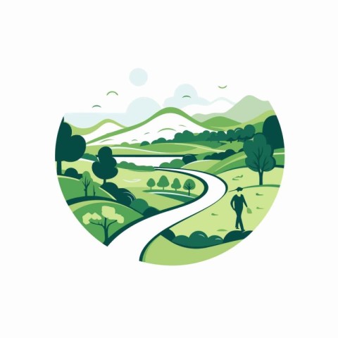 Country landscape with road and trees. Vector illustration in fl