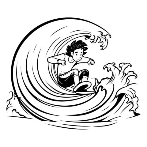 surfer on the wave. Black and white vector illustration for desi